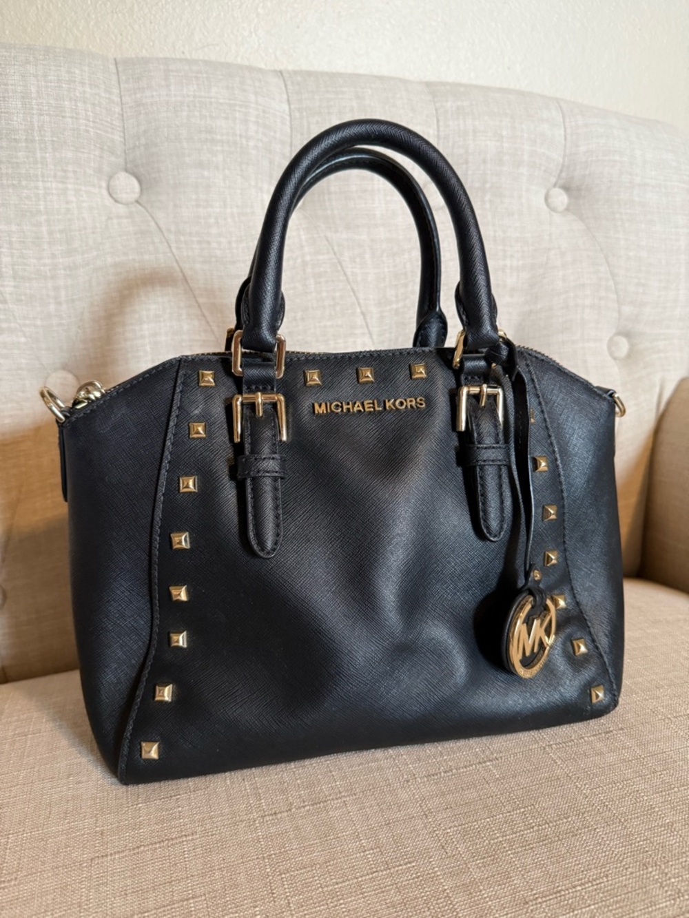 Michael Kors Black Leather Satchel with Gold Hardware and Studs